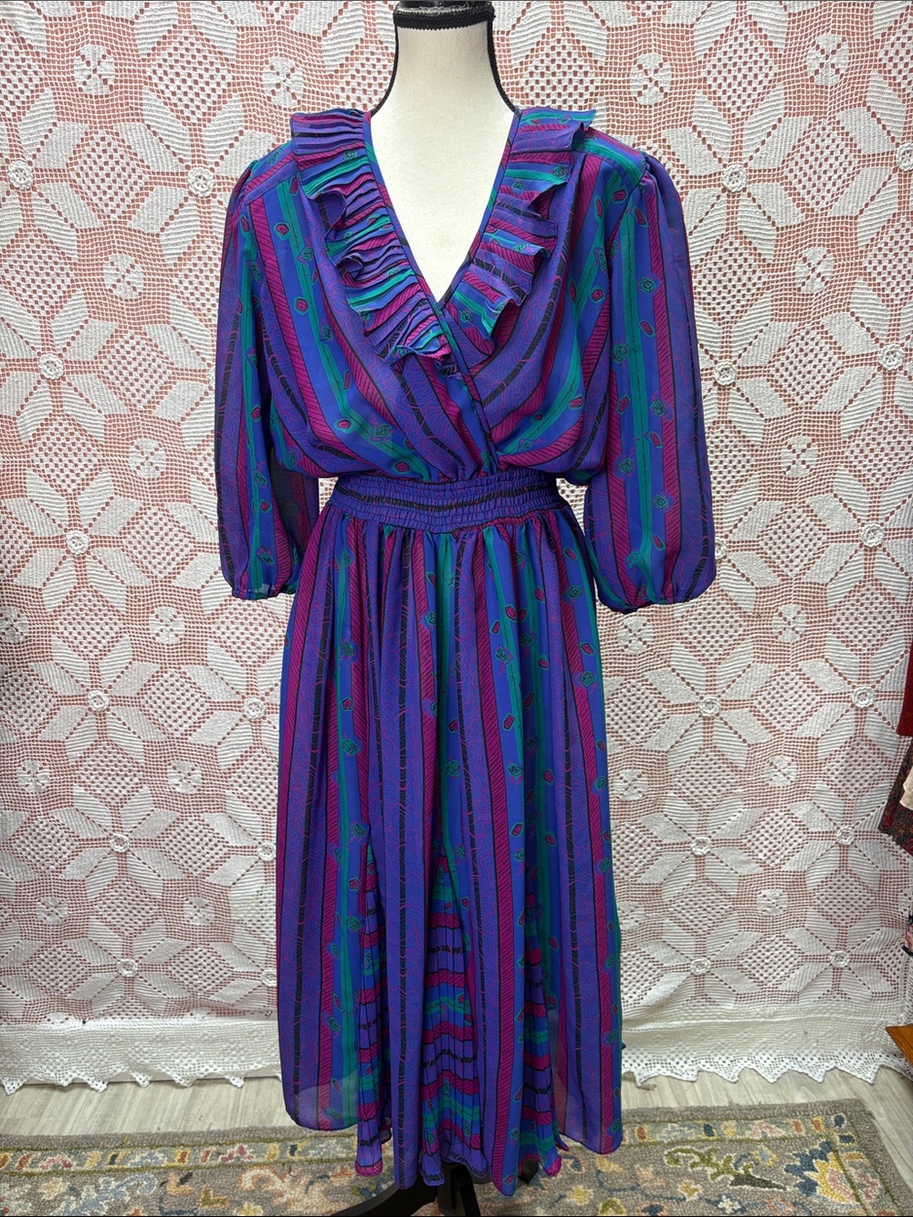 Vintage Plaza South 1980s Ruffle Midi Dress Sz 10